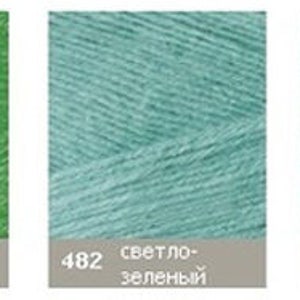May include: Five yarn skeins in different colours: yellow-green, green, light blue, turquoise, and black. The skeins are labelled with numbers and Russian text.