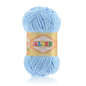 May include: A skein of light blue yarn labeled "Baby Alize Softy".