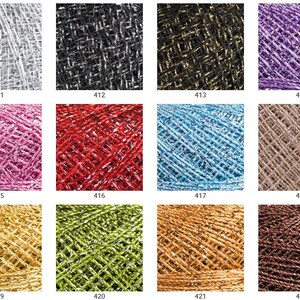 May include: Twelve spools of metallic yarn in various colours, including silver, black, gold, purple, pink, red, blue, beige, yellow, green, orange, and brown. Each spool is labelled with a number.