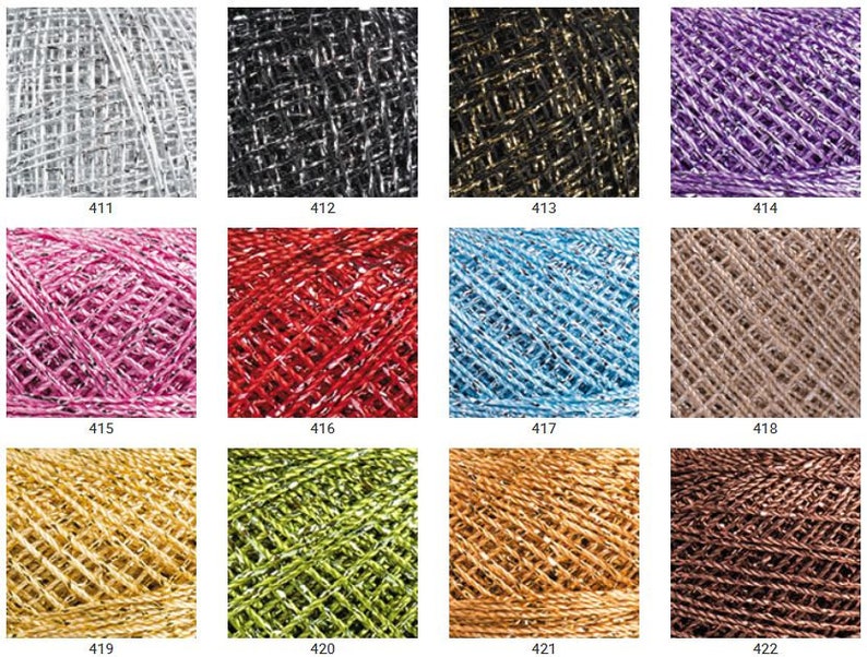 May include: Twelve spools of metallic yarn in various colours, including silver, black, gold, purple, pink, red, blue, beige, yellow, green, orange, and brown. Each spool is labelled with a number.