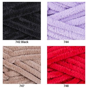 May include: A collection of ten yarn skeins in various colors, including white, black, lavender, beige, turquoise, and red. Each skein is made of a soft, fuzzy material.
