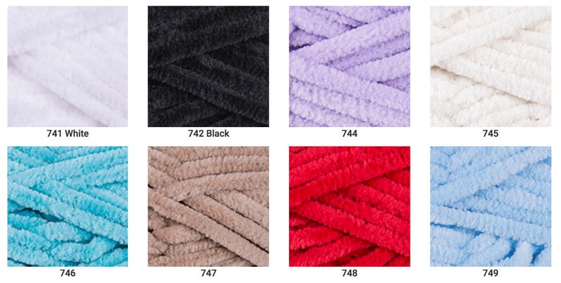 May include: A collection of ten yarn skeins in various colors, including white, black, lavender, beige, turquoise, and red. Each skein is made of a soft, fuzzy material.