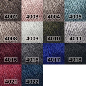 Pu&ograve; includere: Una tabella colori di gomitoli di filato, ciascuno etichettato con un numero di quattro cifre. I colori del filato variano dal bianco sporco al blu scuro, inclusi toni di marrone, rosa, verde e grigio. L'immagine &egrave; ben illuminata, mostrando la consistenza e le tonalit&agrave; del filato.