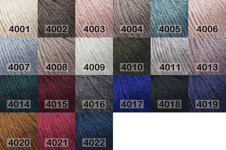 Pu&ograve; includere: Una tabella colori di gomitoli di filato, ciascuno etichettato con un numero di quattro cifre. I colori del filato variano dal bianco sporco al blu scuro, inclusi toni di marrone, rosa, verde e grigio. L'immagine &egrave; ben illuminata, mostrando la consistenza e le tonalit&agrave; del filato.