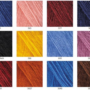 May include: A color chart showing yarn samples in various colors, including blue, pink, red, black, yellow, light blue, purple, dark blue, orange, and brown. The yarn samples are labeled with numbers, such as 551, 565, 577, 583, 585, 586, 600, 3017, 3024, 3027, 3040, and 3067.