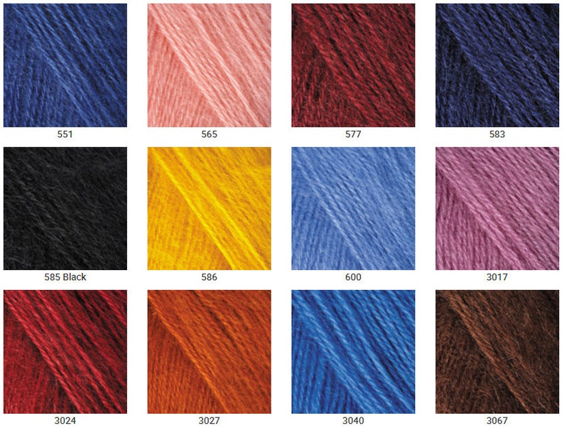 May include: A color chart showing yarn samples in various colors, including blue, pink, red, black, yellow, light blue, purple, dark blue, orange, and brown. The yarn samples are labeled with numbers, such as 551, 565, 577, 583, 585, 586, 600, 3017, 3024, 3027, 3040, and 3067.