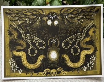 May include: A dark green and gold print with a lantern, two birds, and the text "There is only the forest and there is only surrender".