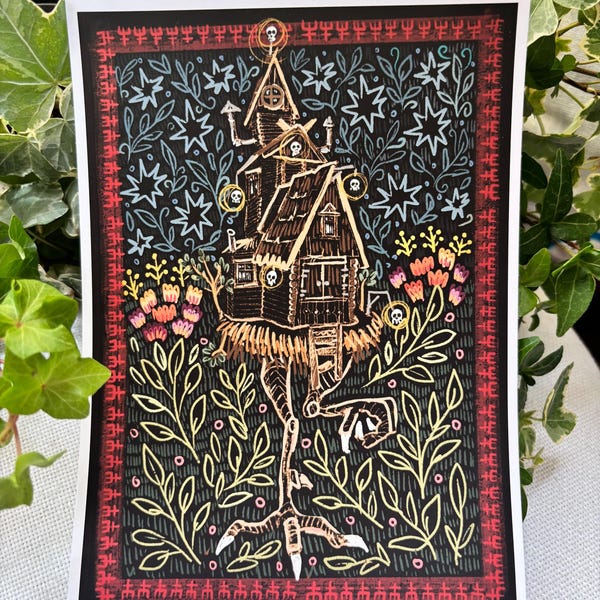Baba Yaga's Dacha - Slavic Folk Embroidery Style 2025 Version | Limited Edition Giclee Print