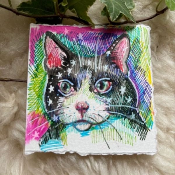 Tuxedo Cat | Original Mixed-Media Drawing on Paper