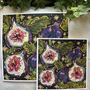 May include: A set of two art prints featuring a dark green background with gold stars and purple figs with pink centers. The figs are surrounded by green leaves.