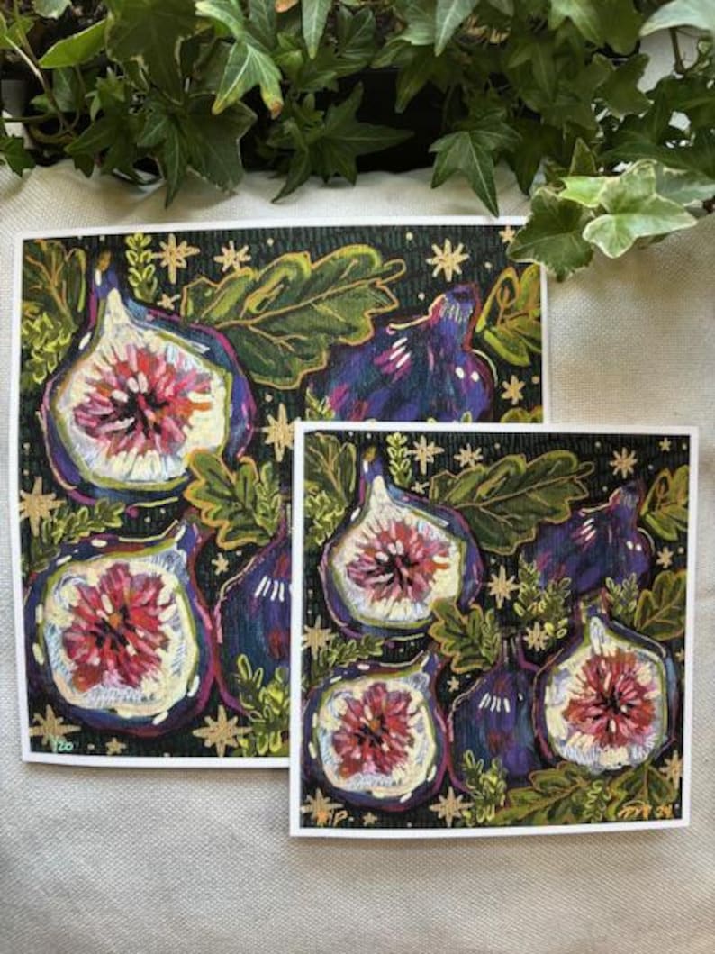 May include: A set of two art prints featuring a dark green background with gold stars and purple figs with pink centers. The figs are surrounded by green leaves.