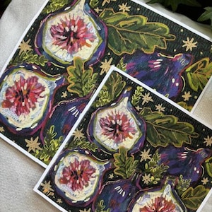 May include: A painting of purple figs with pink centers on a dark green background with gold stars. The figs are surrounded by green leaves.
