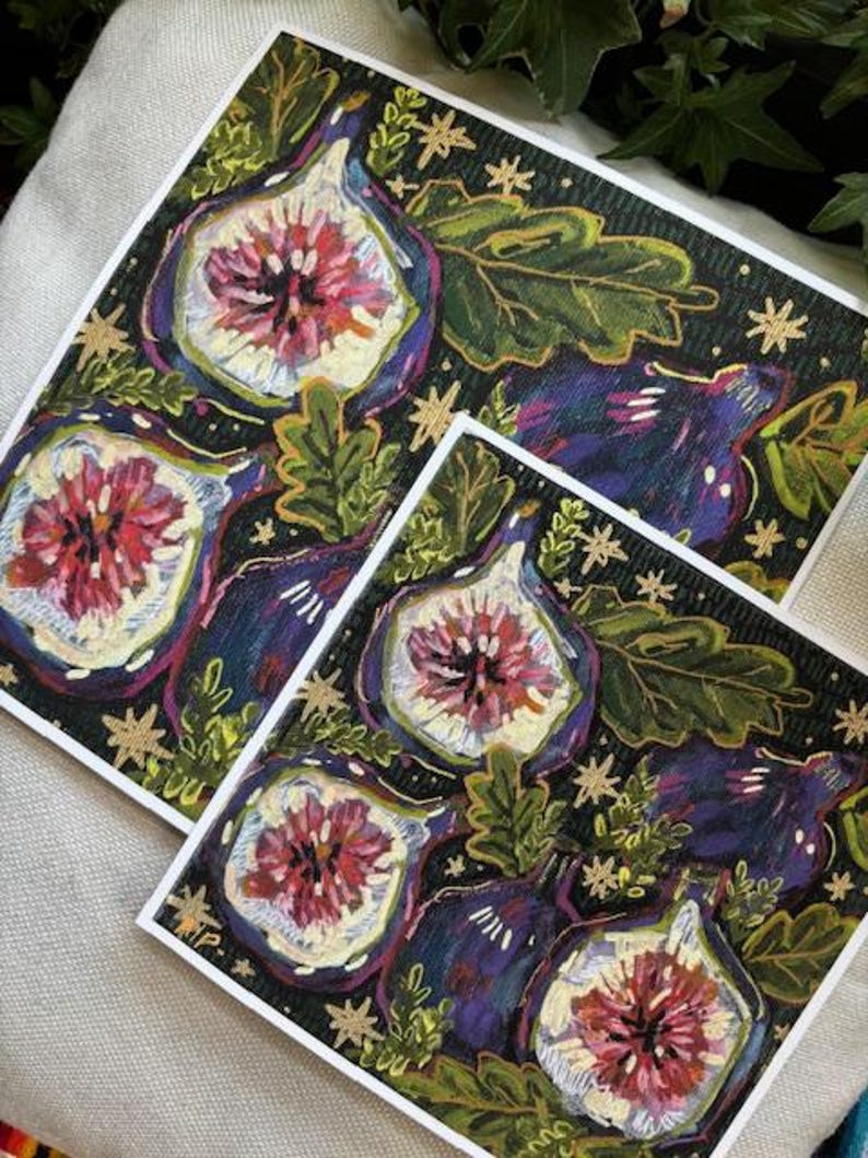 May include: A painting of purple figs with pink centers on a dark green background with gold stars. The figs are surrounded by green leaves.