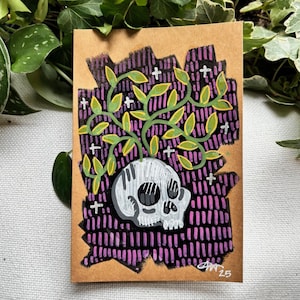 Caveira - Pensando em Você | Cartão de Saudações de Arte Popular em Guache Pintado à Mão