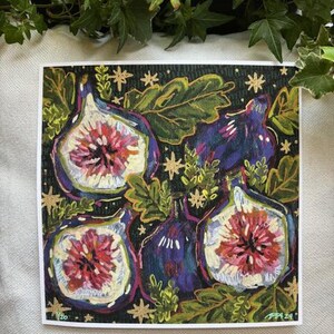 May include: A painting of four figs with a dark green background and gold stars. The figs are painted in a stylized way with purple, white, and pink colors.
