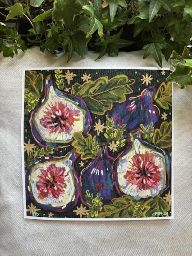 May include: A painting of four figs with a dark green background and gold stars. The figs are painted in a stylized way with purple, white, and pink colors.