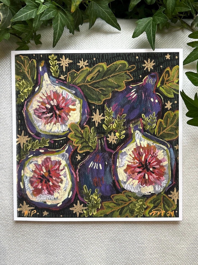 May include: A painting of five figs on a dark background with gold stars. The figs are painted in shades of purple, pink, and white. The leaves are painted in shades of green.