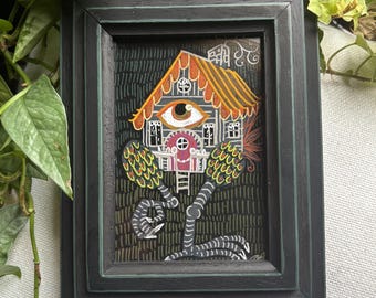 On the Move - Baba Yaga | Framed Miniature Folk Art Painting and Hand Embellished Frame