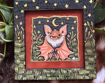Darling Bat | Miniature Folk Art Painting and Hand Embellished Frame