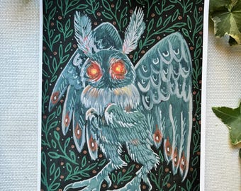May include: A green and white owl with glowing orange eyes is depicted in a dark green and black forest setting. The owl has a detailed, feathery design and is surrounded by stylized leaves and branches.