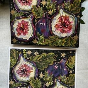 May include: A painting of figs on a dark background with gold stars. The figs are painted in shades of purple, pink, and green. The painting is on a canvas.