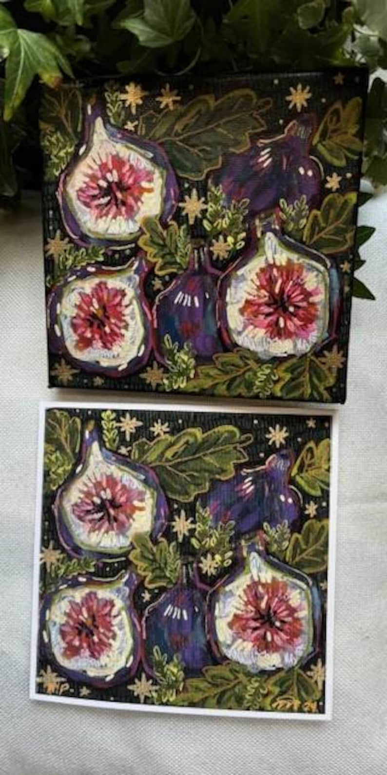 May include: A painting of figs on a dark background with gold stars. The figs are painted in shades of purple, pink, and green. The painting is on a canvas.