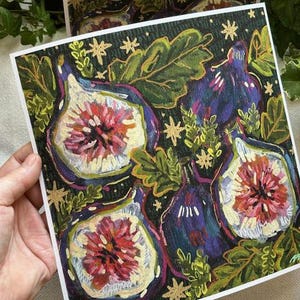 May include: A colorful painting of figs on a dark background with gold stars. The figs are painted in shades of purple, pink, and green. The background is a dark green with gold stars.