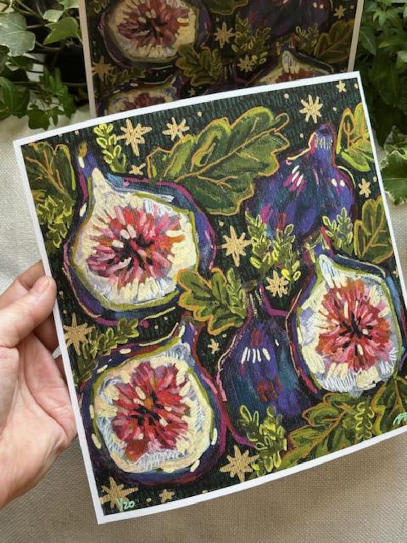 May include: A colorful painting of figs on a dark background with gold stars. The figs are painted in shades of purple, pink, and green. The background is a dark green with gold stars.