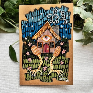 Baba Yaga | Cartão de felicitações de arte popular em guache pintado à mão