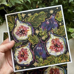 May include: A painting of figs on a dark background with gold stars. The figs are painted in shades of purple, pink, and green. The painting has a whimsical and organic feel.
