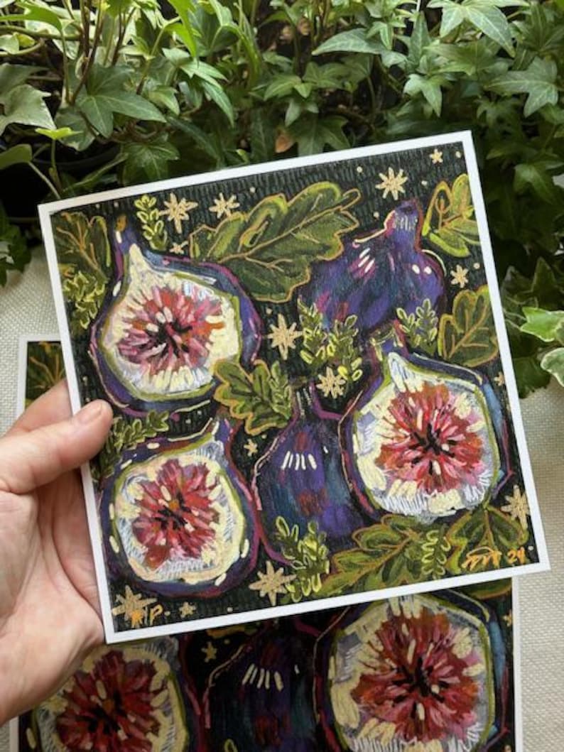 May include: A painting of figs on a dark background with gold stars. The figs are painted in shades of purple, pink, and green. The painting has a whimsical and organic feel.