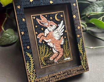 Winged Rabbit | Miniature Folk Art Painting With Hand-Embellished Frame