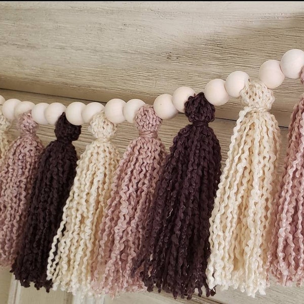 Earth Toned yarn tassel garland with wood beads/ Dark brown, light brown, cream/ textured wavy yarn/ Boho wall hanging/ custom colors