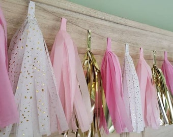 Glitter glam garland/ pinks with white-gold fleck and gold mylar accent/ princess birthday/ sweet 16/ custom colors available