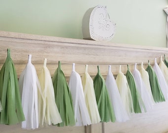 Sage & Dusty Yellow with White, party tassel garland