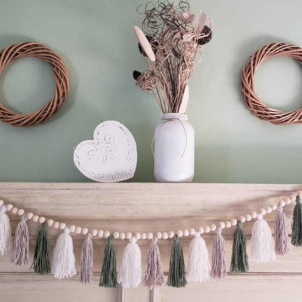 Sage green and neutral yarn tassel garland with wooden beads/ Boho wall hanging/ Succulent shades/  Room decor/ Nursery decor/ custom colors