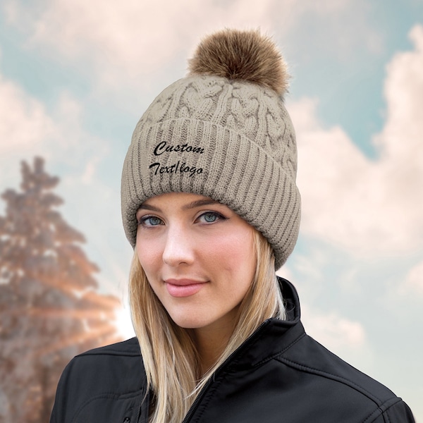 Toque pom pom avec broderie personnalisée - logo ou texte - toque de manchette de toques pom pom pour dames - toque cadeau de Noël