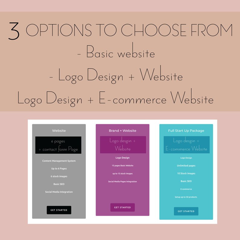 May include: Three options for website design packages are shown. The first option is a basic website with 6 pages and a contact form. The second option includes a logo design and a website with up to 15 pages and 15 stock images. The third option includes a logo design, an e-commerce website with unlimited pages, 10 stock images, and the ability to set up to 50 products.