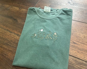 Floral Embroidered T-Shirt: Green Blue Spruce Boho Tee