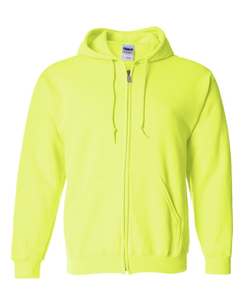 May include: A neon yellow zip-up hooded sweatshirt. The sweatshirt has a hood with drawstrings, a full-length zipper, and two front pockets. The brand tag is visible on the inside of the hood. The material appears to be a medium-weight fabric.