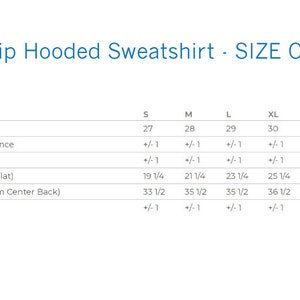 May include: Size chart for a full-zip hooded sweatshirt. The chart includes measurements for body length, chest width, and sleeve length in inches. Sizes range from S to 3XL.