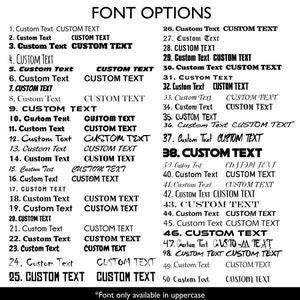 May include: A black and white image showcasing a variety of font options labeled 1 through 50. Each font style is displayed with the words "Custom Text" to demonstrate the appearance of each font. The text "Font Options" is at the top.