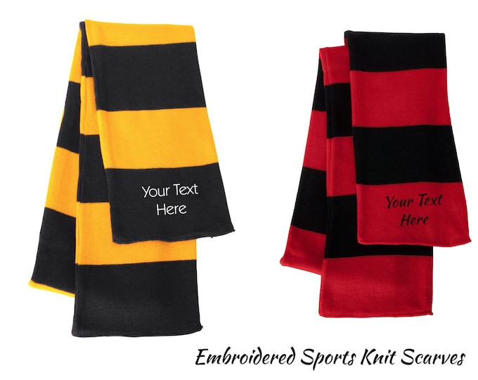 Custom embroidered Sports scarf. Scarves - 10 colours available - personalized scarves - Rugby-Striped Knit Scarf