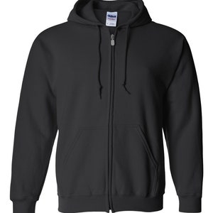 May include: A black zip-up hooded sweatshirt with a drawstring hood and two front pockets. The sweatshirt has a full-length zipper and ribbed cuffs and hem. The brand name "Gildan" is visible on a tag at the neckline.