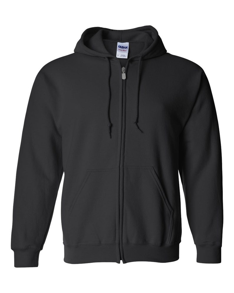 May include: A black zip-up hooded sweatshirt with a drawstring hood and two front pockets. The sweatshirt has a full-length zipper and ribbed cuffs and hem. The brand name "Gildan" is visible on a tag at the neckline.