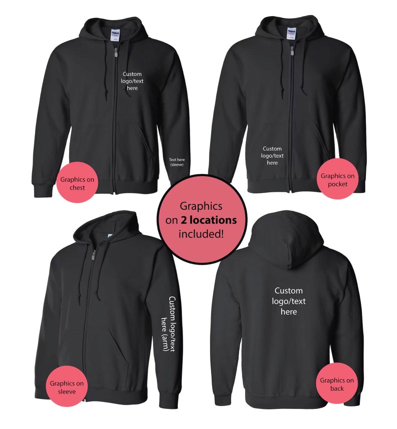 May include: Black zip-up hoodie with a hood and pockets. The image shows areas for custom logos or text on the chest, sleeve, pocket, and back. The text in the image says "Graphics on 2 locations included!"