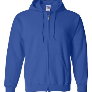 May include: A royal blue zip-up hooded sweatshirt. The sweatshirt has a drawstring hood, a full-length zipper, and two front pockets. The brand label is visible at the neck. The garment is made of a soft, comfortable material.