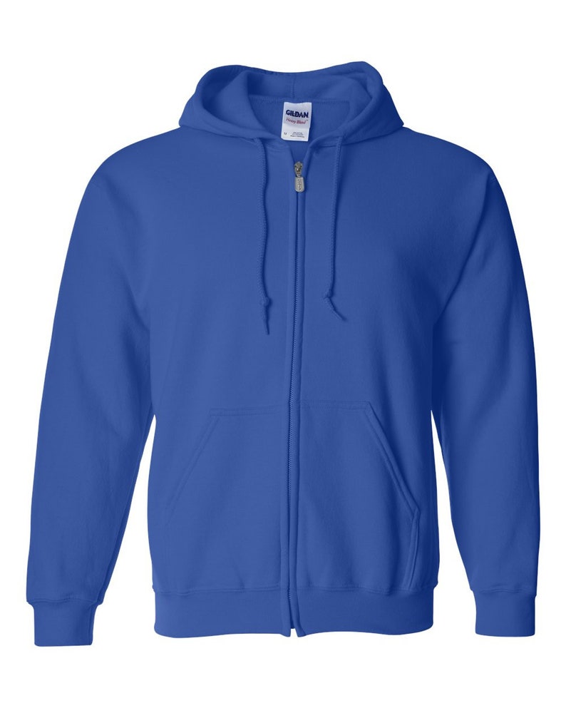 May include: A royal blue zip-up hooded sweatshirt. The sweatshirt has a drawstring hood, a full-length zipper, and two front pockets. The brand label is visible at the neck. The garment is made of a soft, comfortable material.