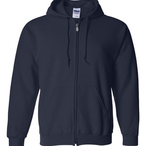 May include: A navy blue zip-up hooded sweatshirt with a drawstring hood and two front pockets. The sweatshirt features a full-length zipper and the brand name "Gildan" on the label.