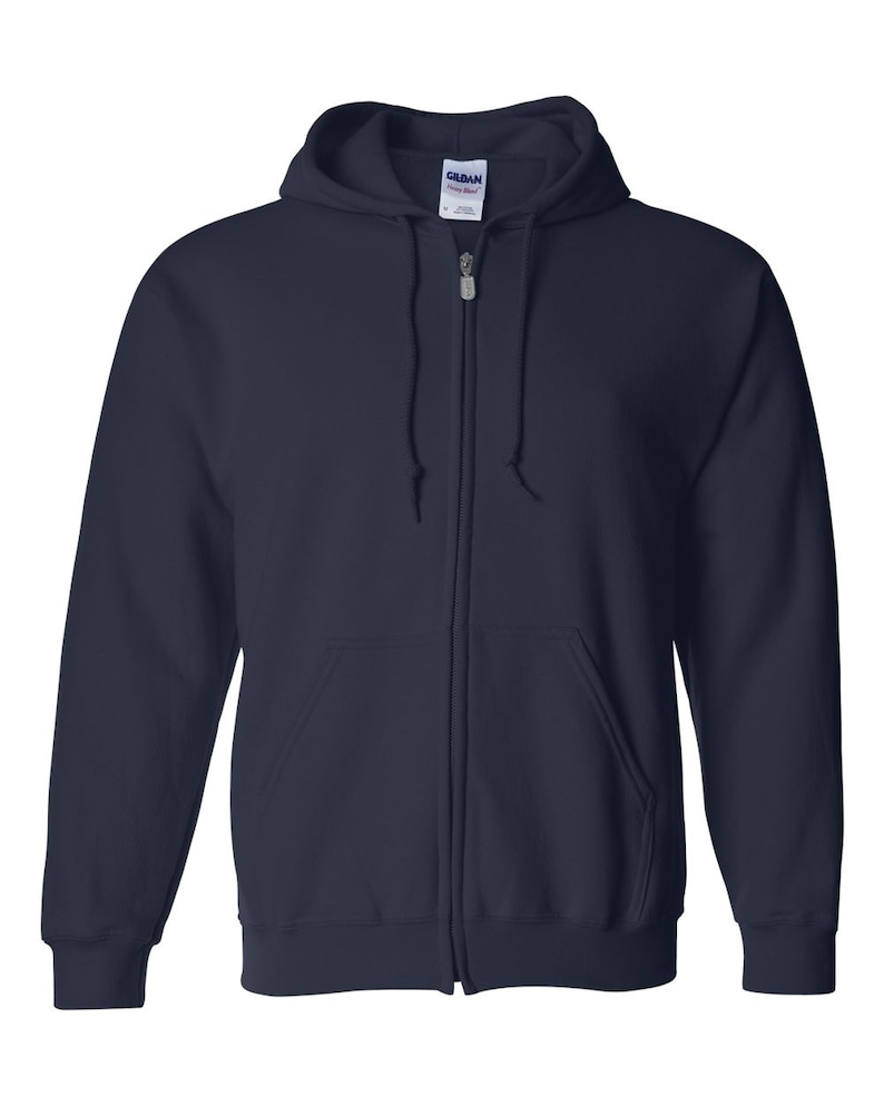 May include: A navy blue zip-up hooded sweatshirt with a drawstring hood and two front pockets. The sweatshirt features a full-length zipper and the brand name "Gildan" on the label.